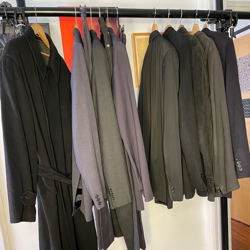 Full wardrobe: 1Blk wool coat L/XL. 3 wool agnès b. Suits L to XL. 5 Jkts.